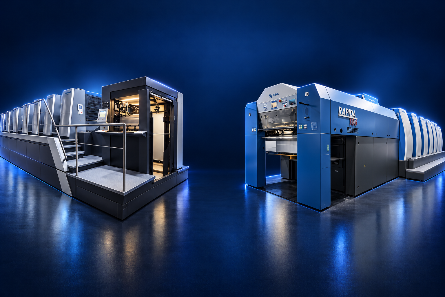 Composición de las máquinas Heidelberg y KBA en un escenario de exhibición